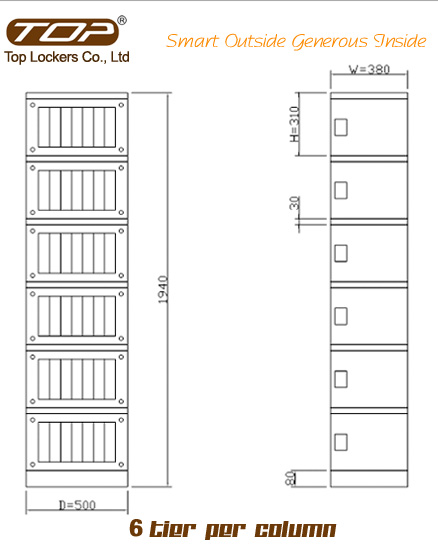 Six Tier Recyclable Lockers ABS Plastic Yellow Size Diagram
